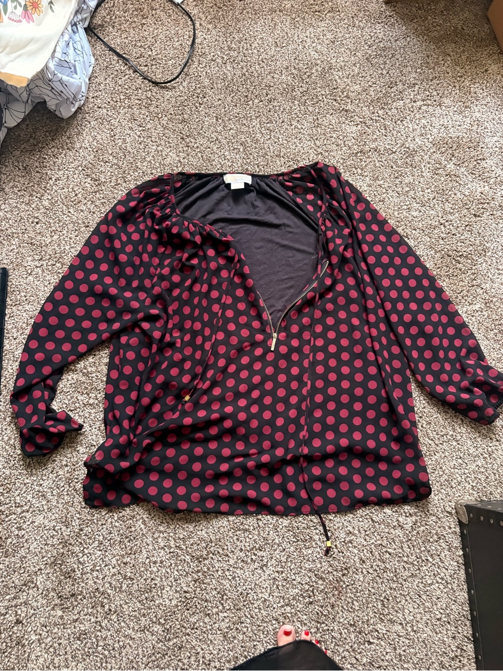 Micheal Kors Women’s Black & Burgundy Polka Dot Long Sleeve Blouse